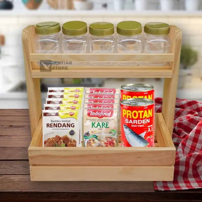 Rak Bumbu Dapur Kayu 2 Tingkat Gantung